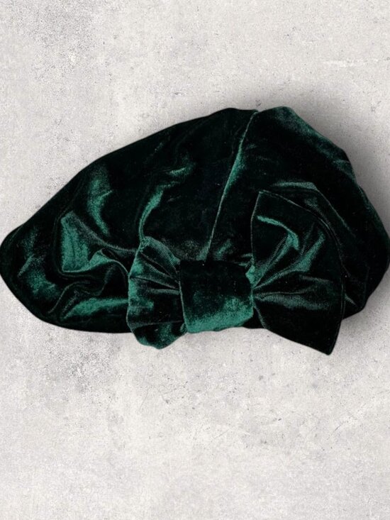Accessories - Emerald Green Velvet Turban Head Covering Bow Knot Stretch Cap